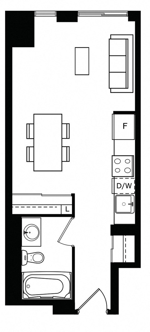 Floor plan for studio, 1 bath, 417 sqft